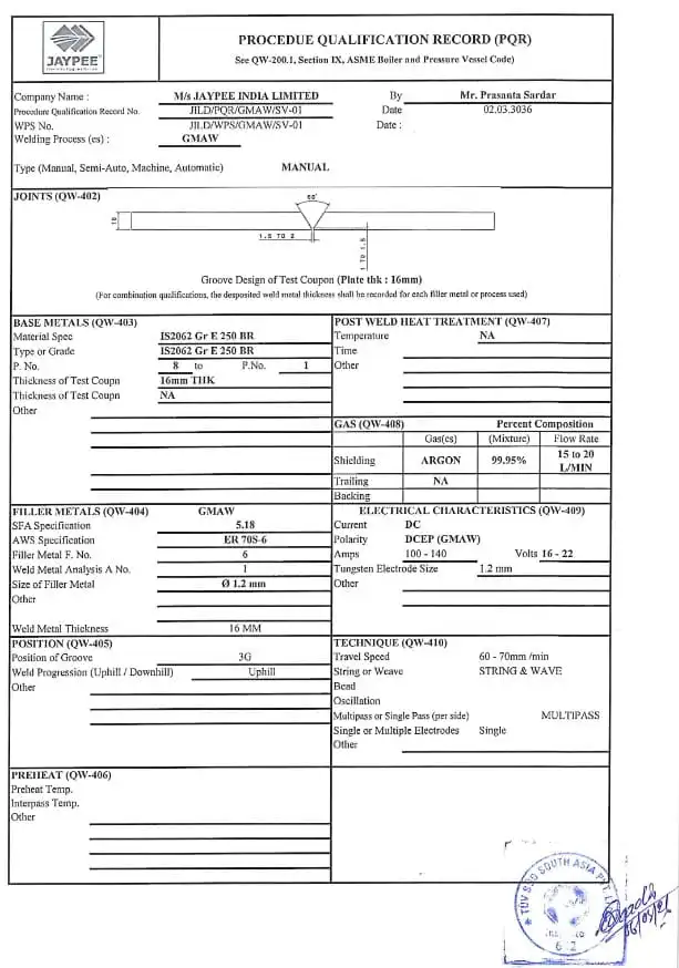 ASME Procedure Qualification Record (PQR)